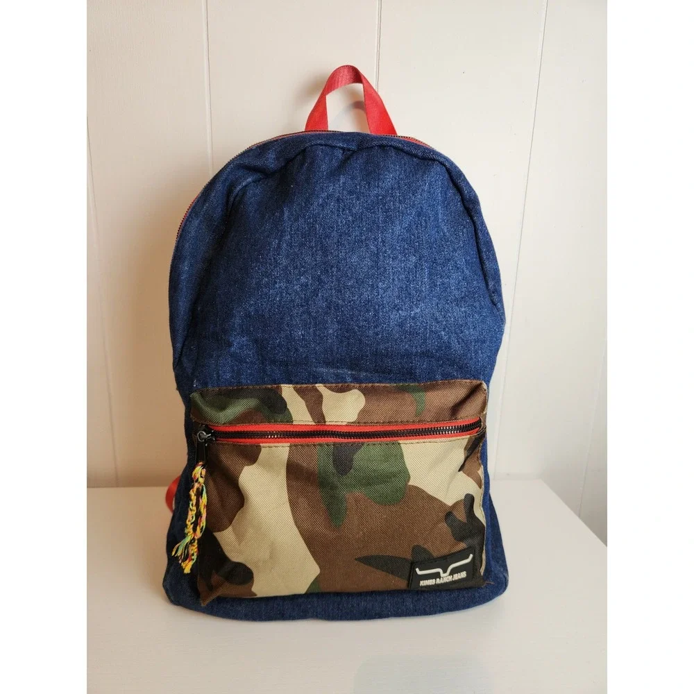 Kimes Ranch Jeans Denim Camo Backpack Blue Red Western School Bag Laptop Sleeve